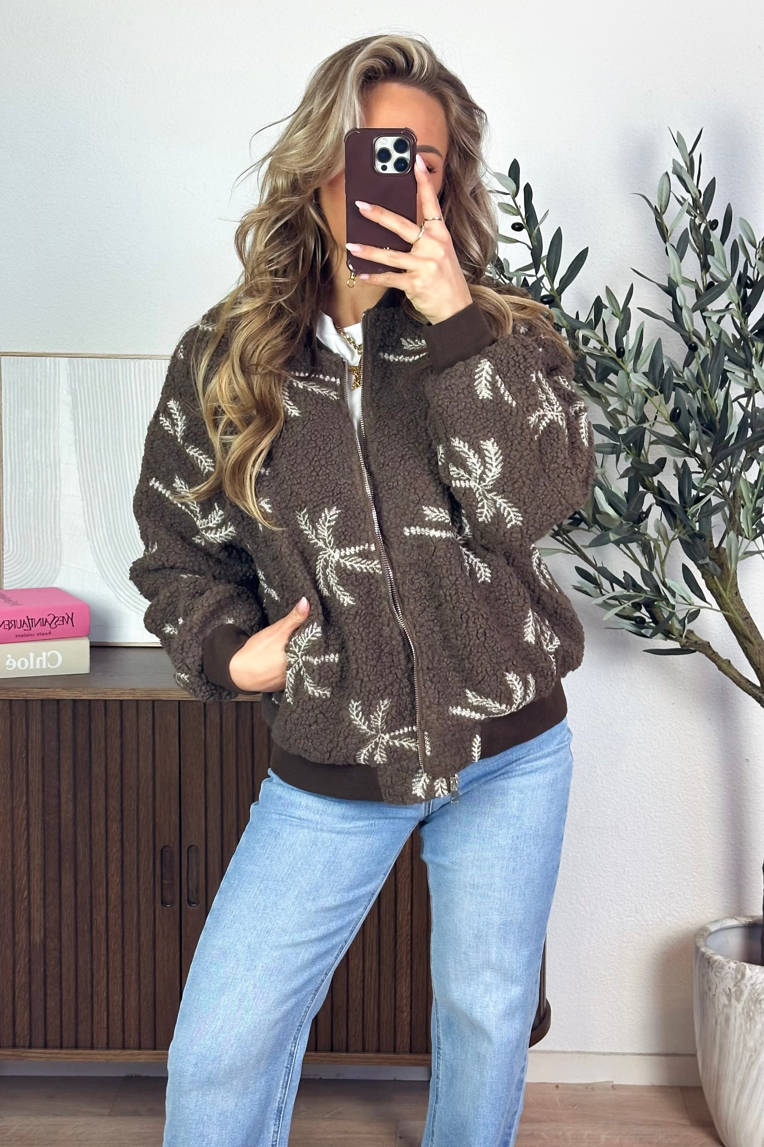 Palmbomen teddy jacket - Bruin