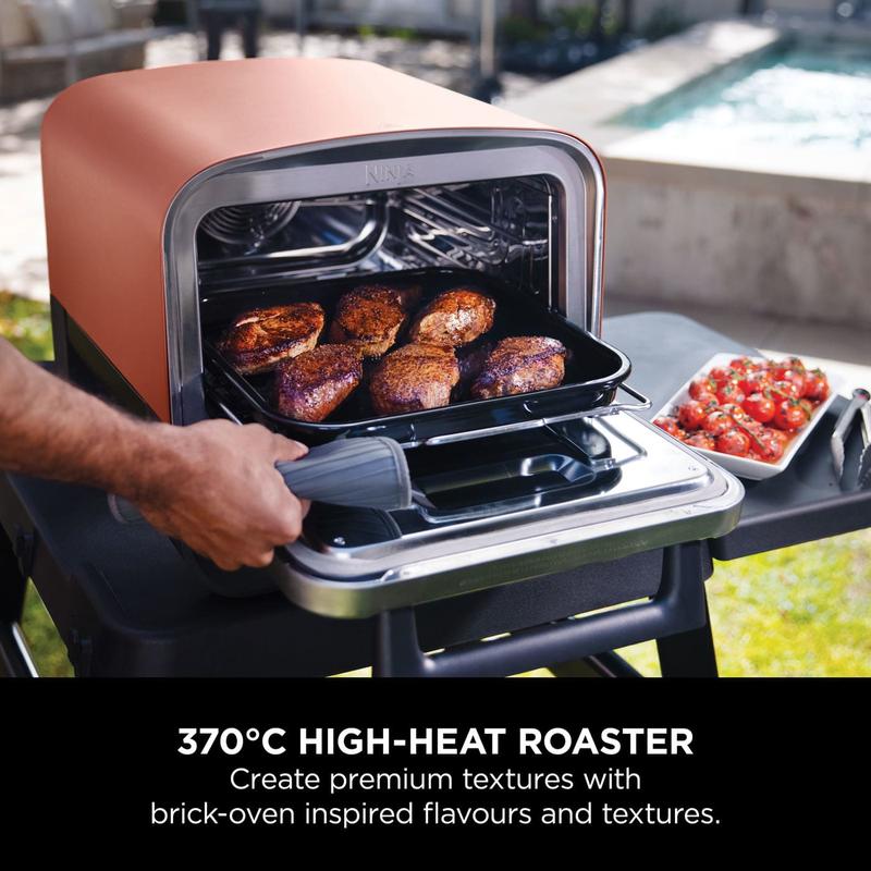 Ninja Woodfire Electric Outdoor Oven + Cover + Pizza Peel Bundle, 8-in-1 Pizza Oven, High-Heat Roaster & BBQ Smoker with Roast Rack, Pro-Heat Tray, Pizza Stone, Wood Pellets & Scoop, 6 Pizza Settings, Burnt Orange OO101UK