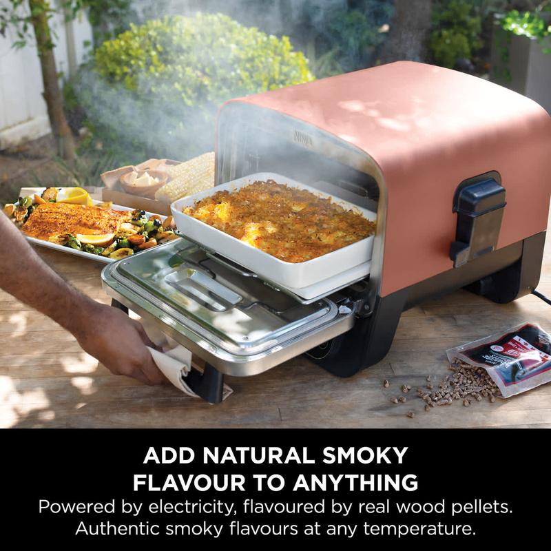 Ninja Woodfire Electric Outdoor Oven + Cover + Pizza Peel Bundle, 8-in-1 Pizza Oven, High-Heat Roaster & BBQ Smoker with Roast Rack, Pro-Heat Tray, Pizza Stone, Wood Pellets & Scoop, 6 Pizza Settings, Burnt Orange OO101UK