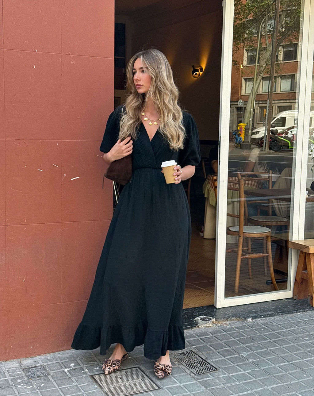 MOUSSELINE MAXI RUFFLE DRESS BROWN
