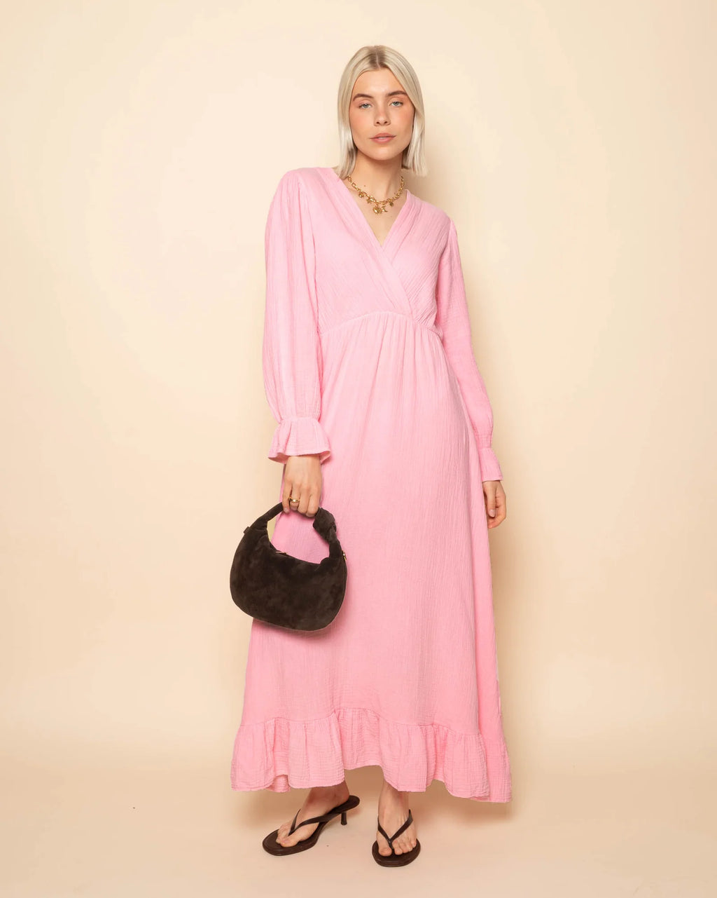 MOUSSELINE MAXI RUFFLE DRESS BROWN