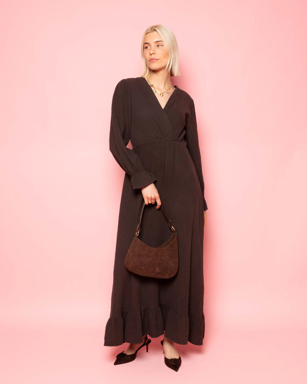 MOUSSELINE MAXI RUFFLE DRESS BROWN