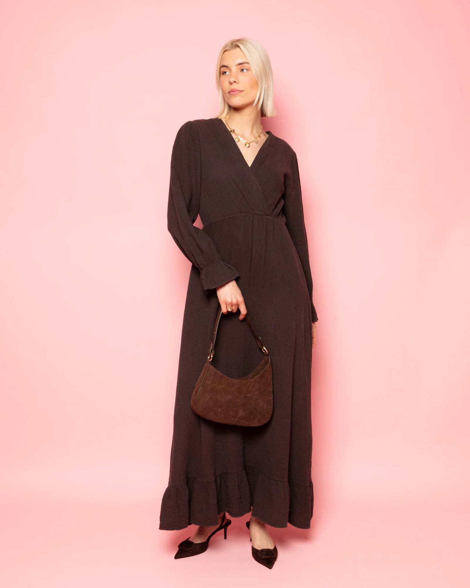 MOUSSELINE MAXI RUFFLE DRESS BROWN