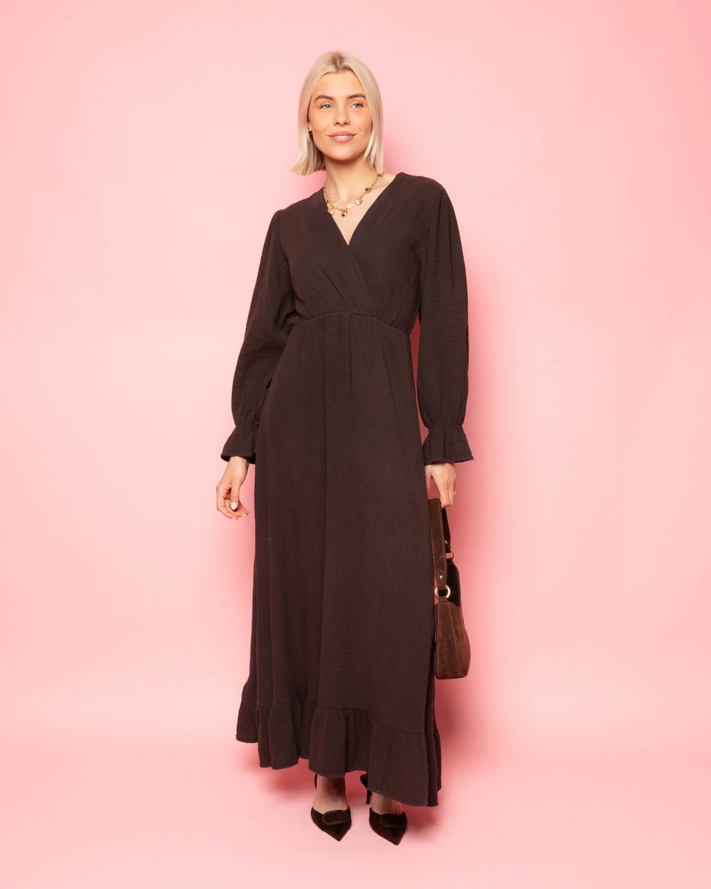 MOUSSELINE MAXI RUFFLE DRESS BROWN