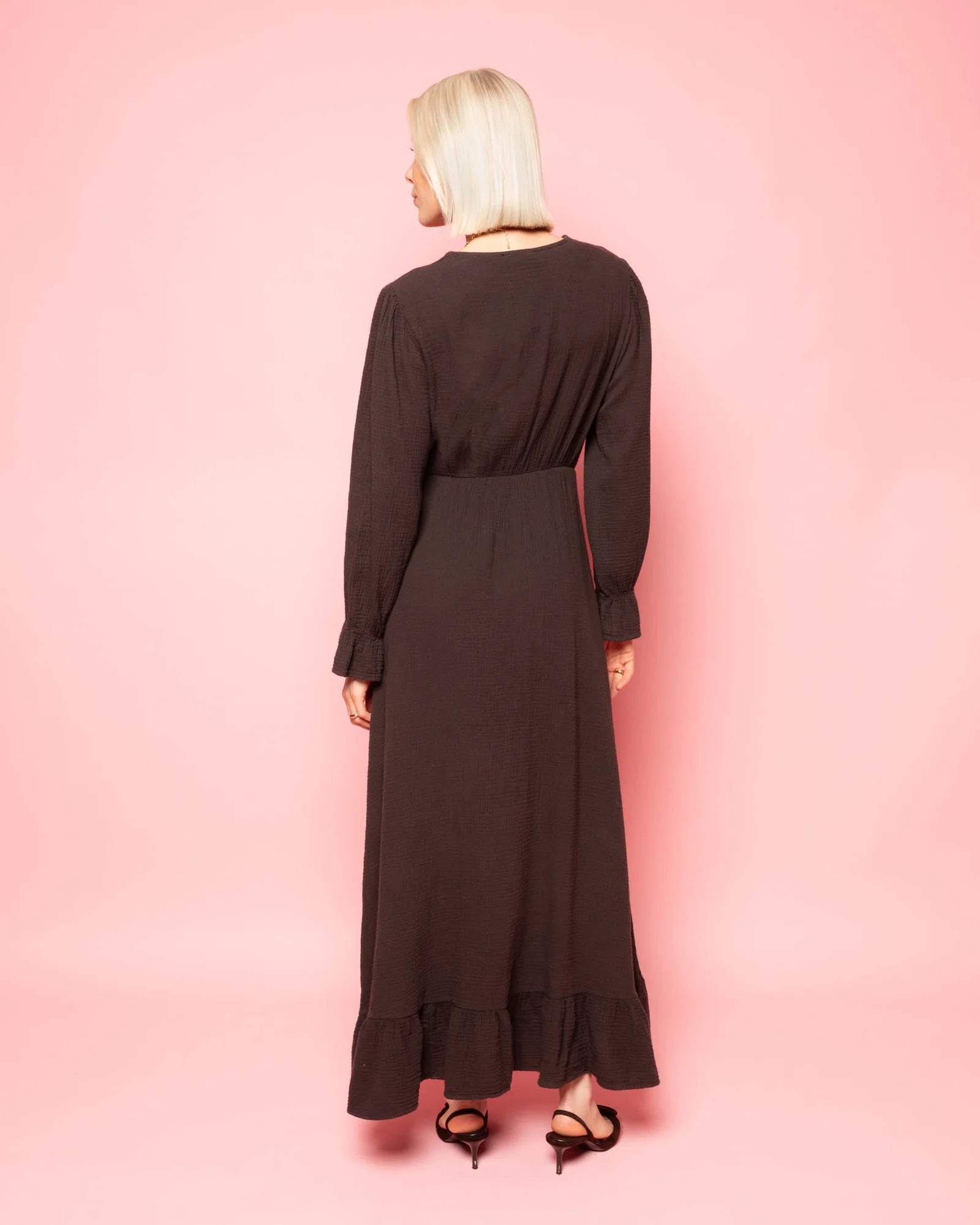 MOUSSELINE MAXI RUFFLE DRESS BROWN