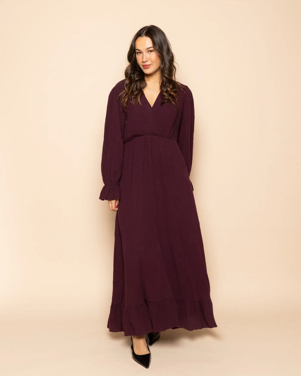 MOUSSELINE MAXI RUFFLE DRESS BROWN