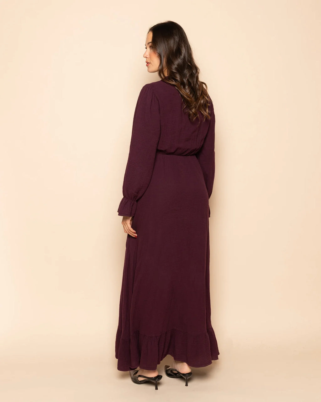 MOUSSELINE MAXI RUFFLE DRESS BROWN