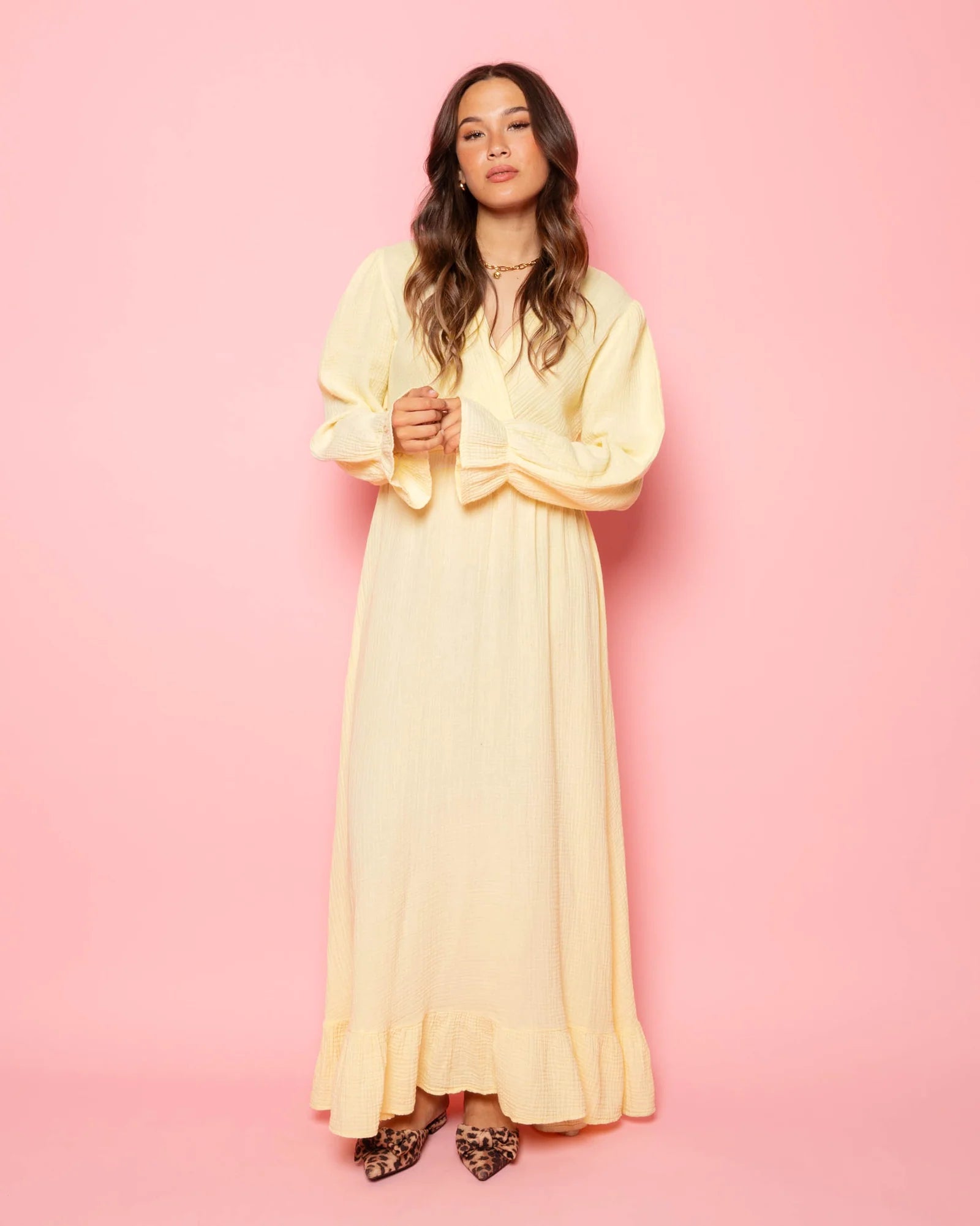 MOUSSELINE MAXI RUFFLE DRESS BROWN