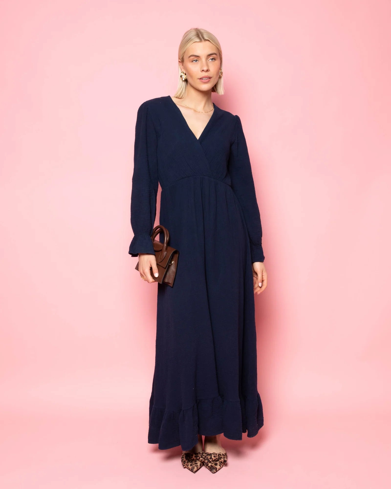 MOUSSELINE MAXI RUFFLE DRESS BROWN