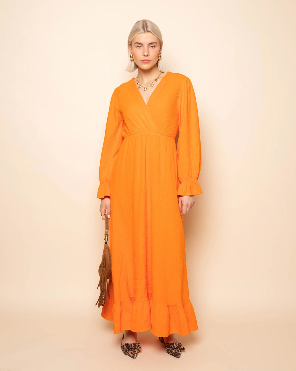 MOUSSELINE MAXI RUFFLE DRESS BROWN