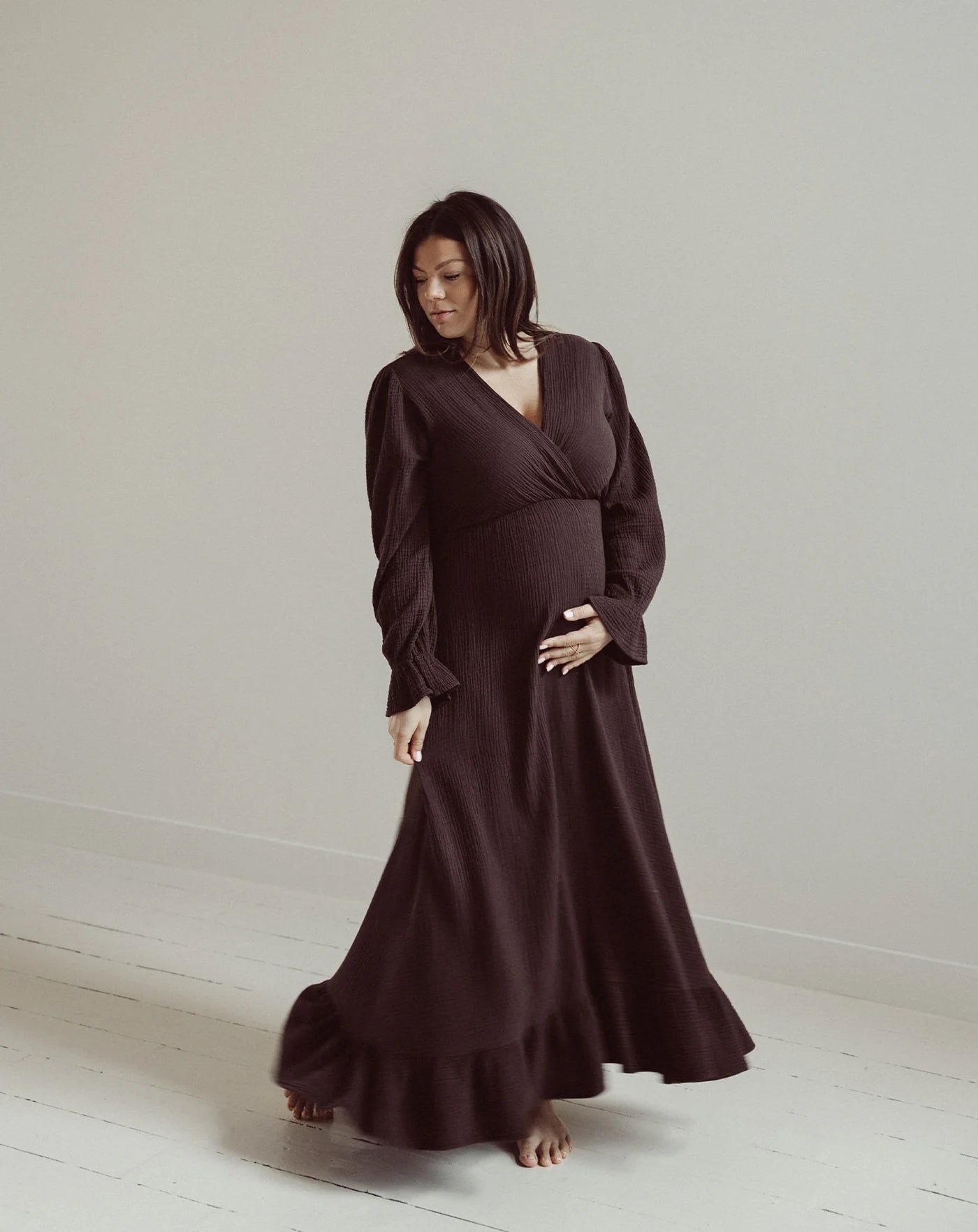 MOUSSELINE MAXI RUFFLE DRESS BROWN