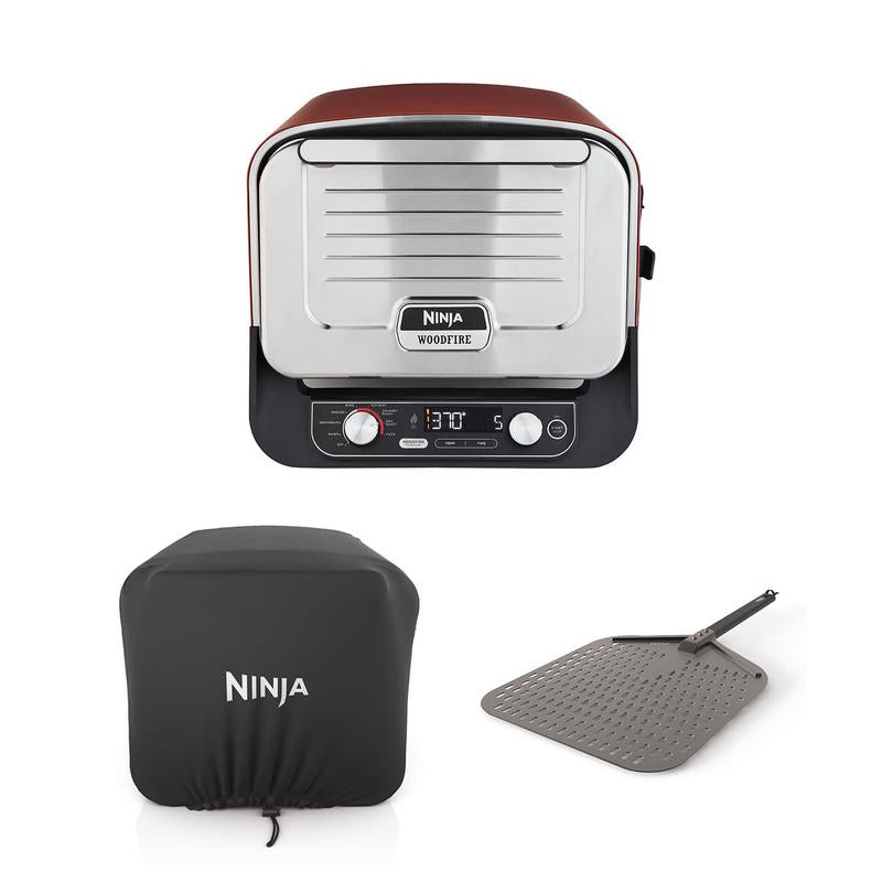 Ninja Woodfire Electric Outdoor Oven + Cover + Pizza Peel Bundle, 8-in-1 Pizza Oven, High-Heat Roaster & BBQ Smoker with Roast Rack, Pro-Heat Tray, Pizza Stone, Wood Pellets & Scoop, 6 Pizza Settings, Burnt Orange OO101UK